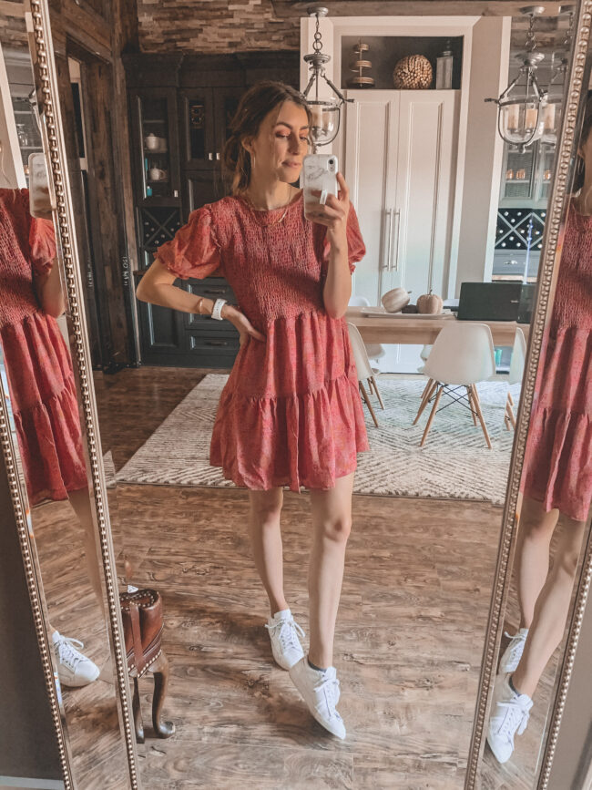 Pink smocked fall dress | Fall dresses for 2020 - all from Target and very affordable! Perfect for wearing with fall booties or sneakers. Fall outfit ideas. #falloutfits