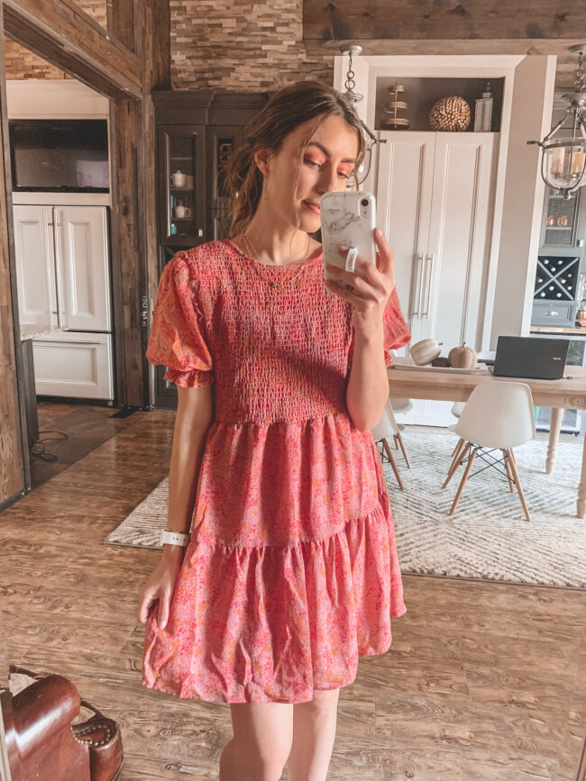 Pink smocked fall dress | Fall dresses for 2020 - all from Target and very affordable! Perfect for wearing with fall booties or sneakers. Fall outfit ideas. #falloutfits