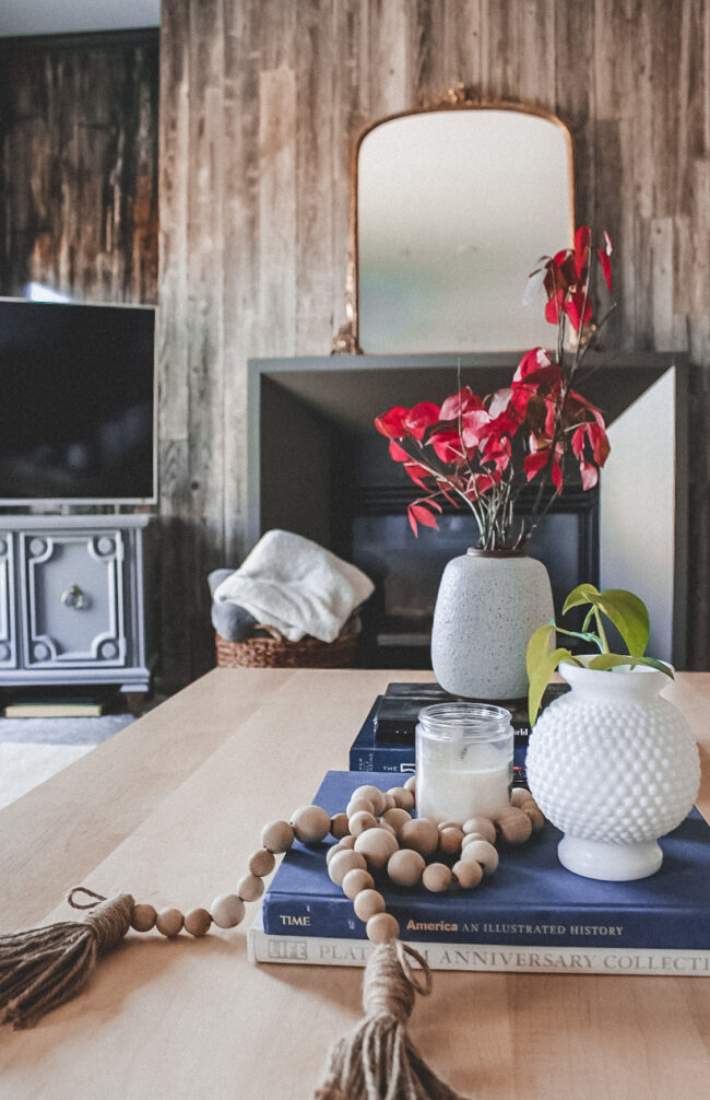 A new rectangle coffee table for our lower level living room - it was customed built by J Thomas Home and turned out beautifully! || Kansas City life, home, and style blogger Megan Wilson shares a new coffee table for her living room