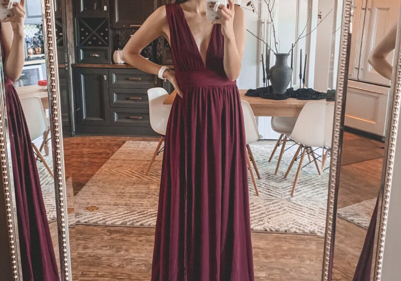 This fall and winter wedding guest dress is perfect for the holidays, comes in a ton of colors, and is really affordable! It's everything I look for in a wedding guest dress - sleek, simple, and super pretty. | Kansas City life, home, and style blogger Megan Wilson shares a dress that's perfect for the holidays, weddings, or any special occasion!