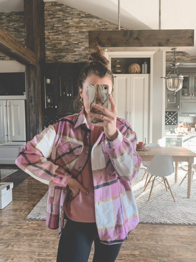Pink plaid SHACKET | Comfy and casual JANUARY outfits from Amazon - the first of my 2021 Amazon finds! Kansas City life, home, and style blogger Megan Wilson