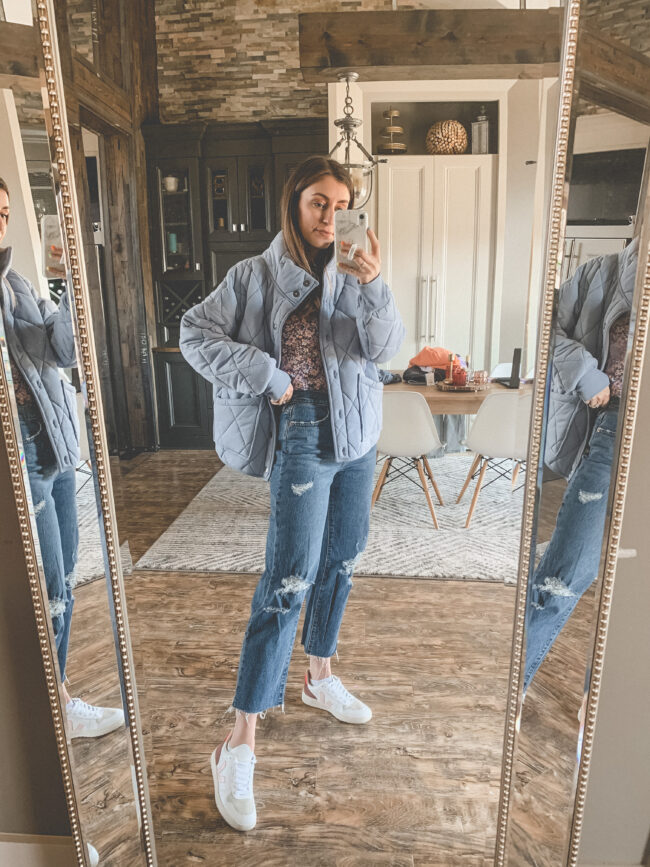floral shirt, quilted jacket, and mom jeans | Affordable casual style from Target for that weird time of year between winter and spring. ;) | Kansas City life, home, and style blogger Megan Wilson shares fashion finds from Target