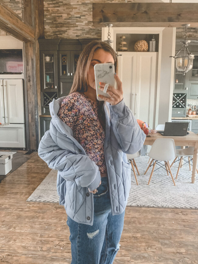 floral shirt, quilted jacket, and mom jeans | Affordable casual style from Target for that weird time of year between winter and spring. ;) | Kansas City life, home, and style blogger Megan Wilson shares fashion finds from Target