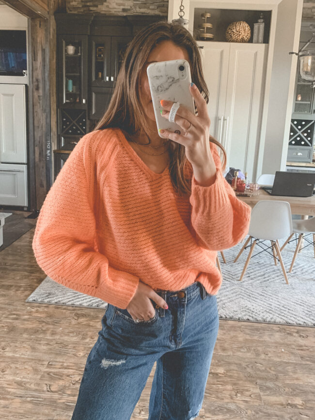 spring outfit: orange sweater and mom jeans | Affordable casual style from Target for that weird time of year between winter and spring. ;) | Kansas City life, home, and style blogger Megan Wilson shares fashion finds from Target