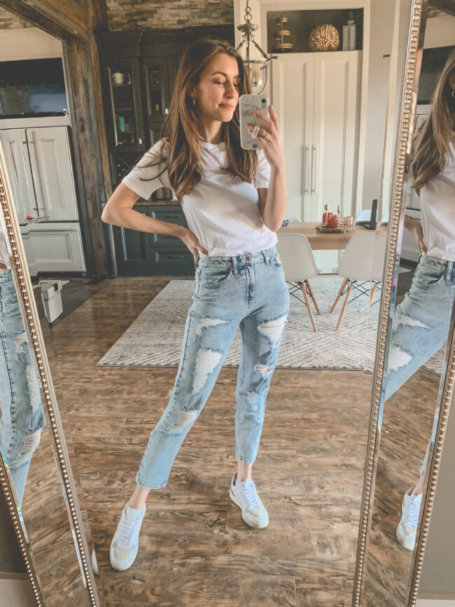 spring outfit: white tee shirt and distressed mom jeans | Affordable casual style from Target for that weird time of year between winter and spring. ;) | Kansas City life, home, and style blogger Megan Wilson shares fashion finds from Target