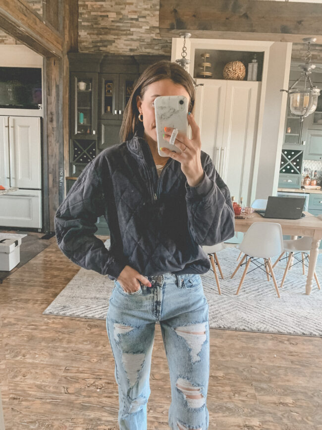 spring outfit: Free people look for less quarter zip pullover and distressed mom jeans | Affordable casual style from Target for that weird time of year between winter and spring. ;) | Kansas City life, home, and style blogger Megan Wilson shares fashion finds from Target
