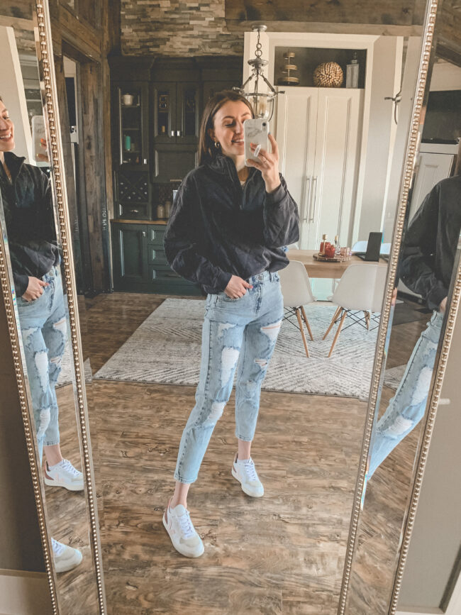 spring outfit: Free people look for less quarter zip pullover and distressed mom jeans | Affordable casual style from Target for that weird time of year between winter and spring. ;) | Kansas City life, home, and style blogger Megan Wilson shares fashion finds from Target