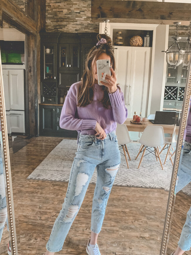 spring outfit: purple sweater and distressed mom jeans | Affordable casual style from Target for that weird time of year between winter and spring. ;) | Kansas City life, home, and style blogger Megan Wilson shares fashion finds from Target