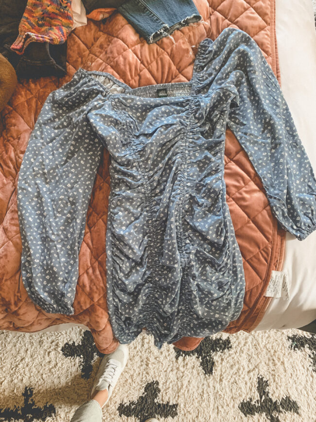 Blue ruched spring dress | Affordable casual style from Target for that weird time of year between winter and spring. ;) | Kansas City life, home, and style blogger Megan Wilson shares fashion finds from Target