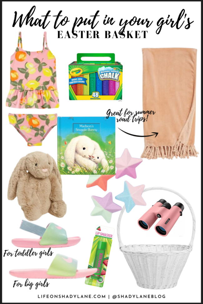 Easter basket ideas for kids | What to put in y our girl's Easter Basket | I'm always scrambling to find things to put in my kids Easter baskets, but luckily there's a ton of fun things you can put in them! I prefer to include things that they'll actually use (I love summer things like new swim suits, bubbles, chalk, sandals, etc.) and not a ton of candy...although you can't NOT include some candy! ;) 