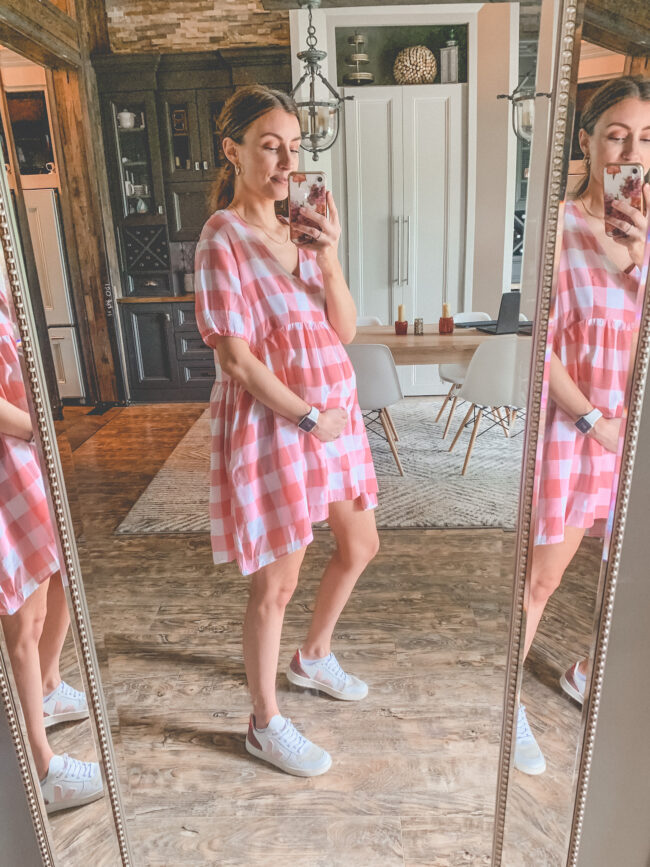 Pink and white short dress for summer | Dress and sneakers | Bump friendly outfits for summer that you can wear pregnant OR not! Easy, breezy maternity summer style for pregnancy and beyond