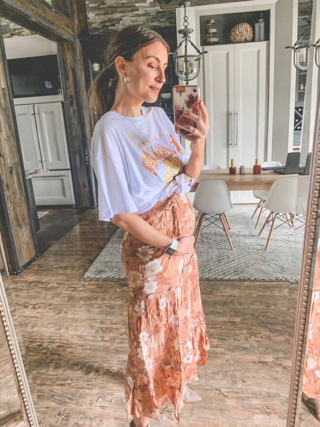 Def Leppard band tee and a maxi skirt | Bump friendly outfits for summer that you can wear pregnant OR not! Easy, breezy maternity summer style for pregnancy and beyond