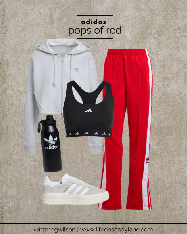 red adidas track pants outfit for spring, adidas athleisure, adidas gazelles 